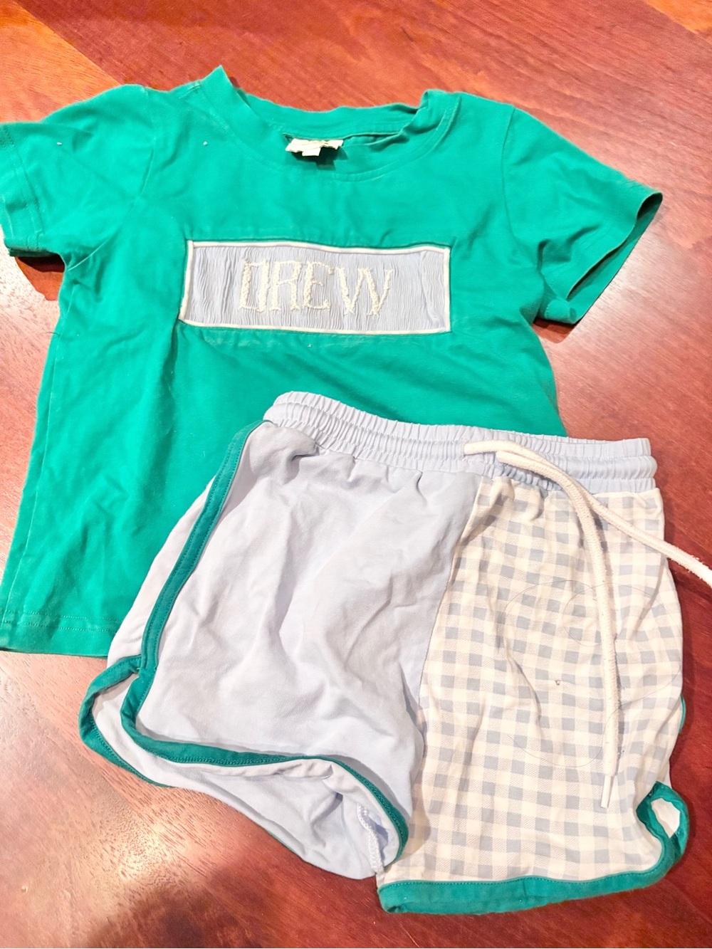 Drew monogrammed Green 'Crew' Tee with Light Blue & Gingham Shorts Set